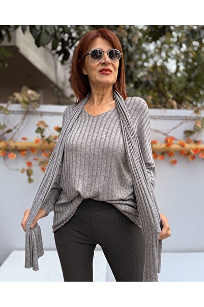 DenizEge Scarf Corded Fabric Knitwear Gray