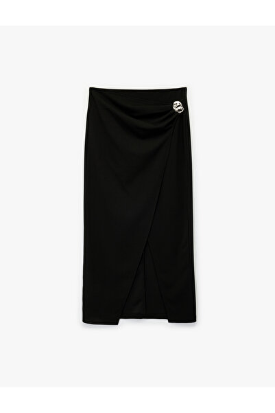 Koton Slit Double-Breasted Midi Skirt with Crepe Fabric Accessory Detail