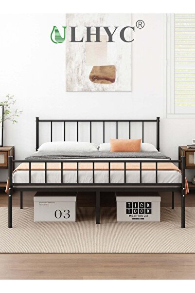 ULHYC سرير معدني أسود مع لوح رأس، 120×190 سم