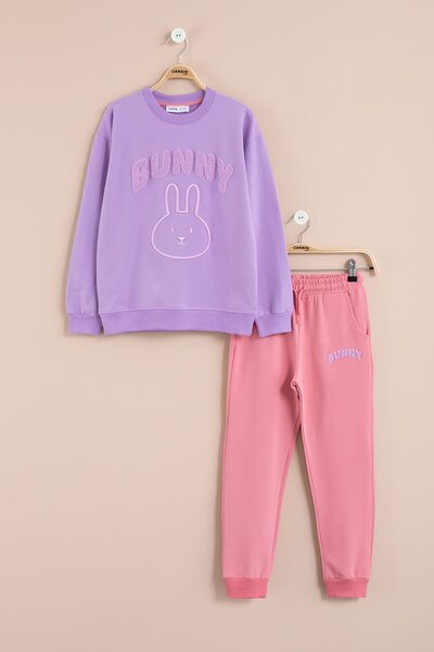 Cansın Mini Σετ αθλητικής φόρμας για κορίτσια με κέντημα λιλά κουνέλι με λαιμόκοψη 23392