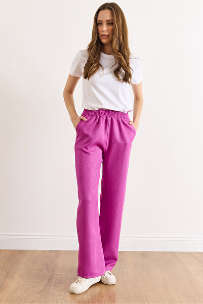 Olalook Women's Fuchsia Waistband Pocketed Wool Effect Wide Leg Winter Trousers Pnt-19000383