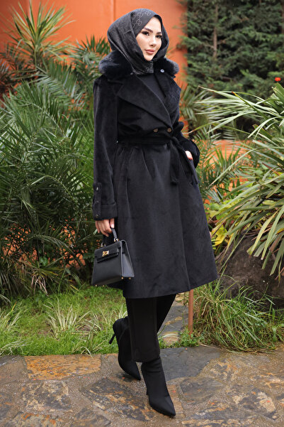 İmajButik Black Collar Fur Angora Coat