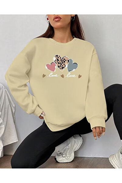 herkesemoda Love Print Detailed Crew Neck Sweatshirt