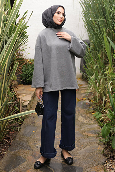 İmajButik Anthracite Crew Neck Oversized Two Thread Tunic