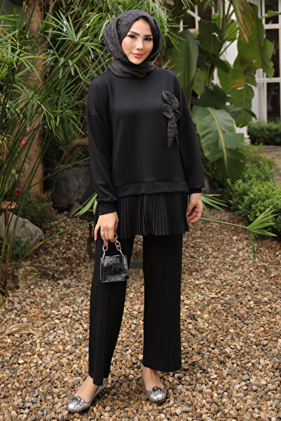 İmajButik Black Hem Pleated Tunic Trouser Suit