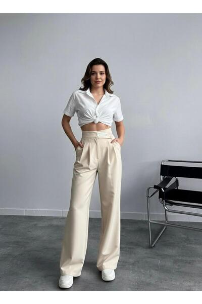 HA-KA GİYİM Women's Imported Doubleface Palazzo Pants with Belt Detail, Pleated, High-Quality Product, Does Not Fade