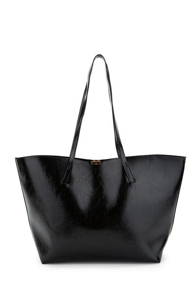 minebag Faux Leather Stand Handle Bag with Metal Accessories Black