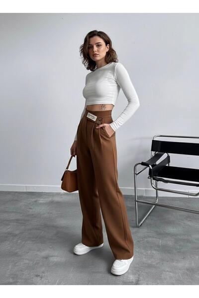 HA-KA GİYİM Women's Imported Doubleface Palazzo Pants with Belt Detail, Pleated, High-Quality Product, Does Not Fade