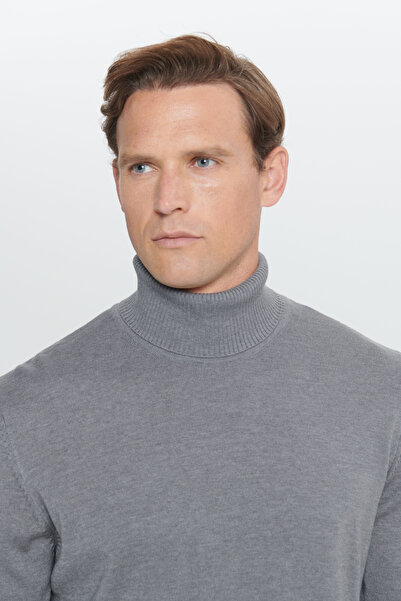 ALTINYILDIZ CLASSICS Gray Melange Standard Fit Regular Cut Full Turtleneck Cotton Knit Sweater
