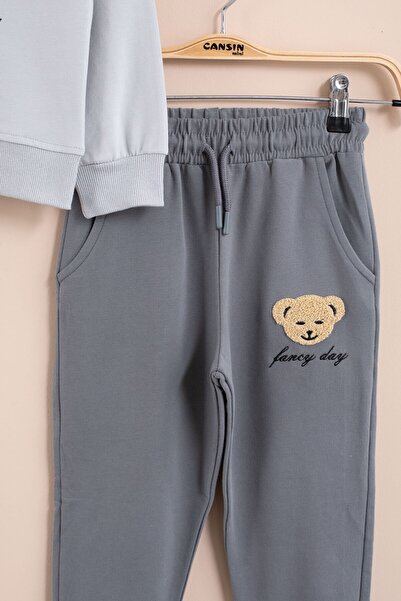 Cansın Mini Gray Teddy Bear Embroidered Boys' Tracksuit Set 2 Pieces 23395