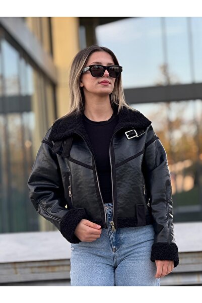 MİS MODA комбинирано кожено палто с кожа