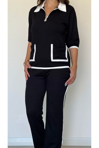 Valeria Butik Black and White Striped Detail Zippered Long Sleeve Double Suit