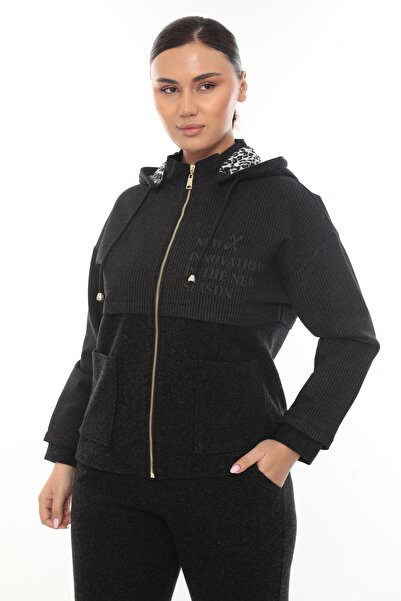 EXİTLİNE Women's Winter Zippered Hooded Printed Brown Bottom-Top Set