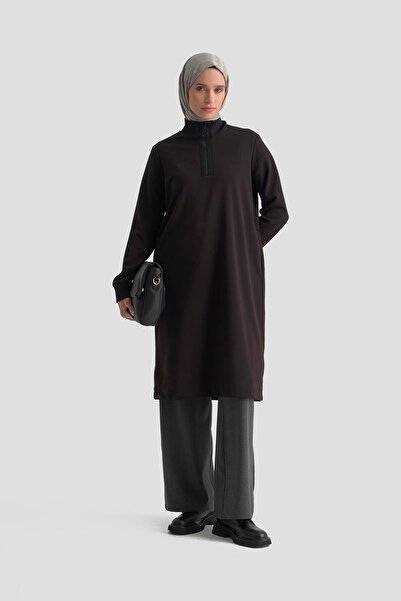Armine Trend Ribbed Half Zip Crepe Tunic with Sleeves and Collar Black 25Kt456