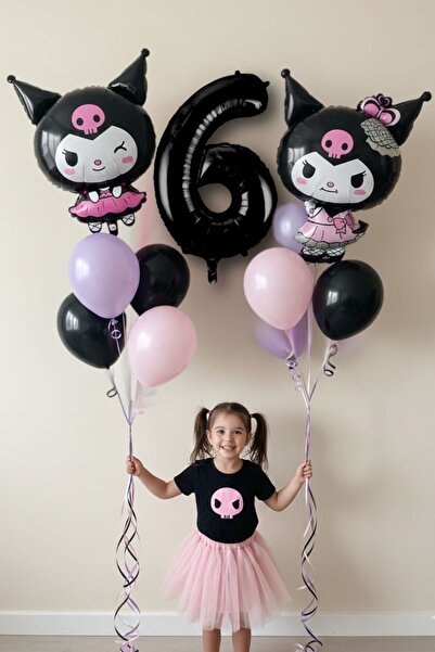 PARTİAVM 6 Yaş Kuromili Balon Set Doğum Günü Balon Set Siyah Rakam Balon Hely...