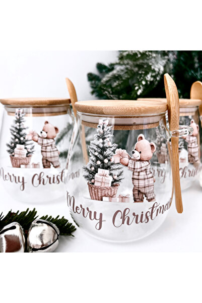 Rolin Design Yılbaşı Temalı Kaşıklı Bambu Kapaklı Kavanoz 1000ml