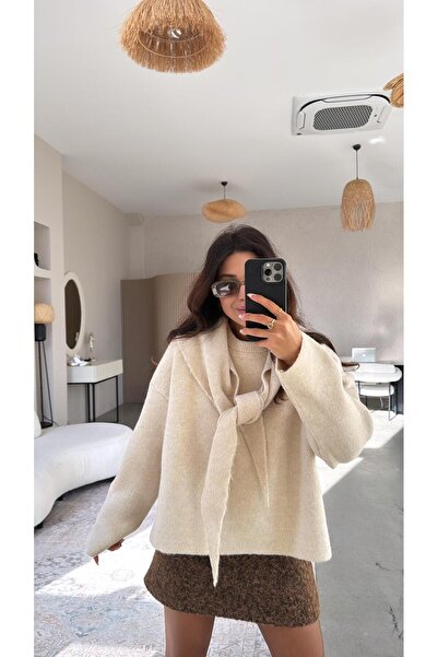 Buket Teke Pulover moale cu detaliu șal de culoare piatră