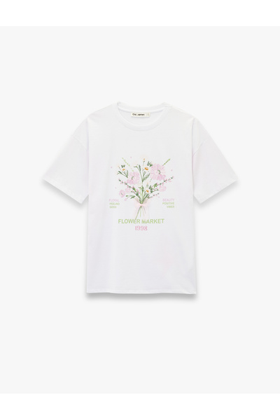 Koton Short Sleeve Crew Neck Floral Printed Cotton Oversized T-Shirt