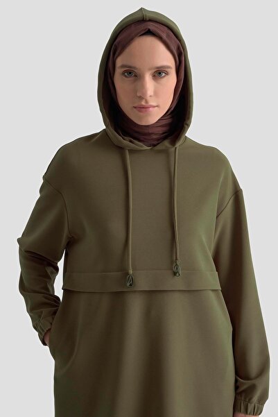 Armine TREND Hooded Side Pockets and Elasticated Sleeves Corded Fabric Tunic Khaki 25Kt462