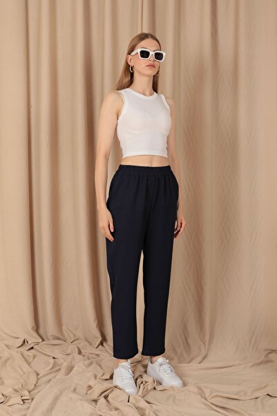 buğrahayalin Women's Navy Blue Straight Trousers with Elastic Waist