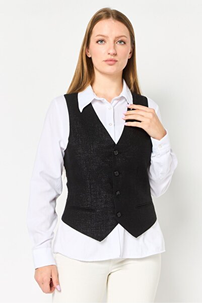 Karl Lagerfeld Women Regular Fit Sleeveless Metallic Vest Blazer, Black