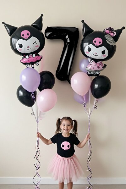 PARTİAVM 7 Yaş Kuromili Balon Set Doğum Günü Balon Set Siyah Rakam Balon Hely...