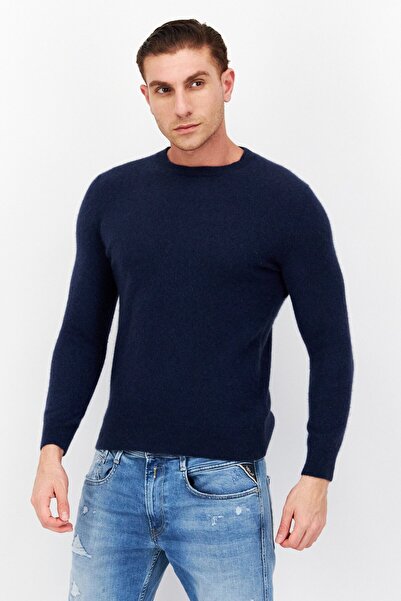 Tchibo Men Crew Neck Long Sleeve Textured Sweatshirt, Navy Blue