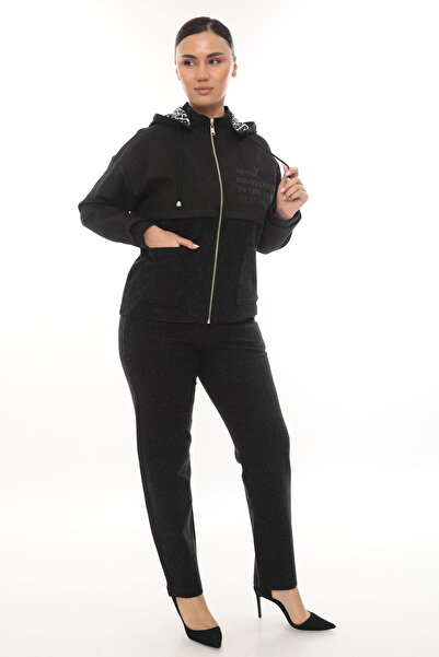 EXİTLİNE Women's Winter Zippered Hooded Printed Brown Bottom-Top Set