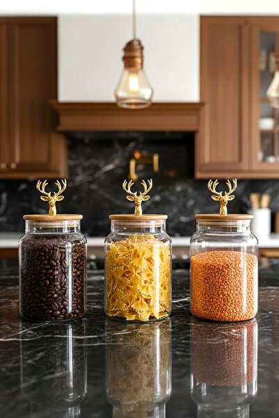 Jenisa Set of 3 Bamboo Lid Metal Deer Figured Jars - Medium Size Storage Container 890Cc - Gold
