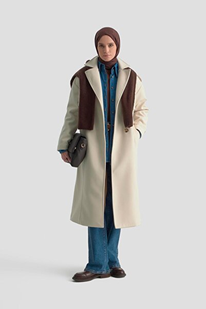 Armine TREND Apolet Detaylı Allerli Astarlı Kuşaklı Kaşe Kaban Taş 25KT729