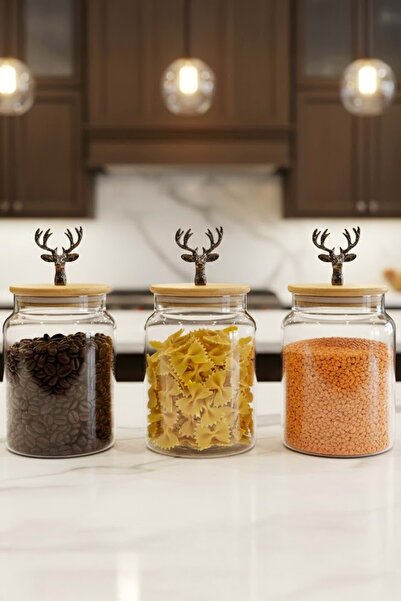 Jenisa 3-piece bamboo lid metal deer figured jar set - medium storage container 890cc - black