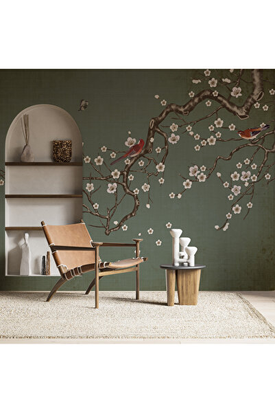 Tasarım Chinoserie Yeşil Eskitme Desen Minik Çiçekler ve Kuşlar Duvar Kağıdı