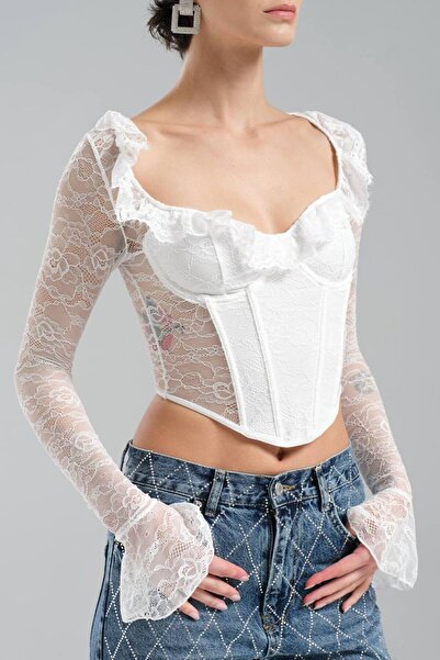 tw3 Жіноча мереживна тканина Передня частина Корсет Задня частина Мереживна конструкція Кроп-блузка