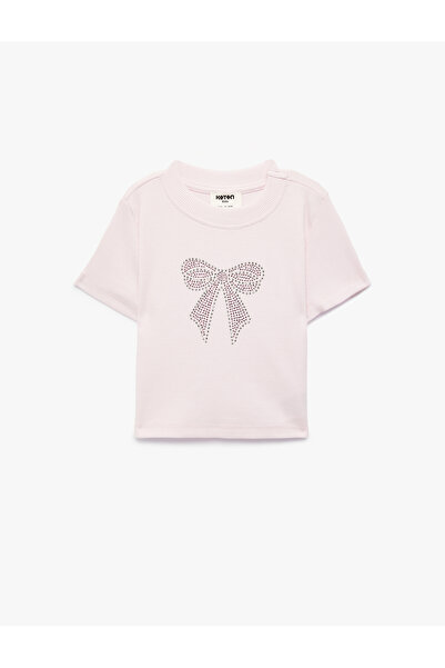 Koton Μπλουζάκι από βαμβακερό πέτρινο λεπτομερές κοντομάνικο μπλουζάκι με λαι...