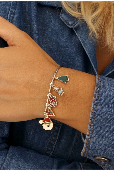 AychaAksesuar سوار هدية للعام الجديد من الفولاذ بتصميم شجرة الصنوبر وسانتا كل...