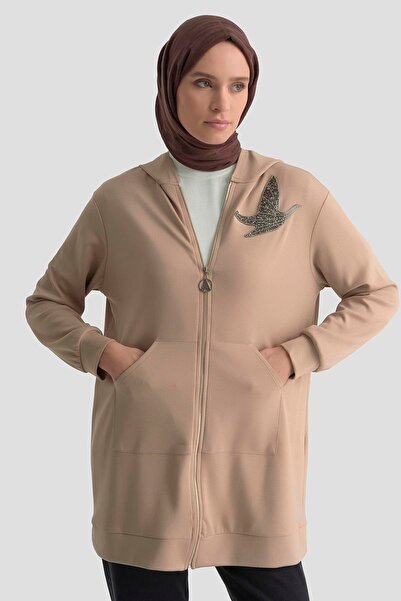 Armine TREND Tunic with Zippered Kangaroo Pocket and Hooded Stones Accessories Beige 25Yt542