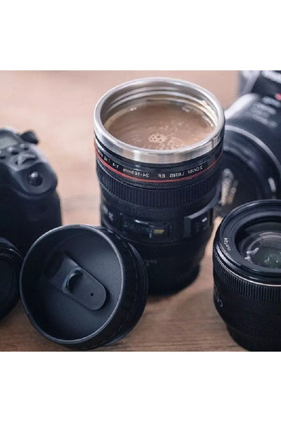 Gonga Photo lens shaped mug, stainless steel interior, thermal protection, 350 ml, Black