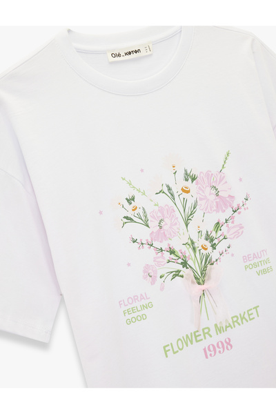 Koton Short Sleeve Crew Neck Floral Printed Cotton Oversized T-Shirt