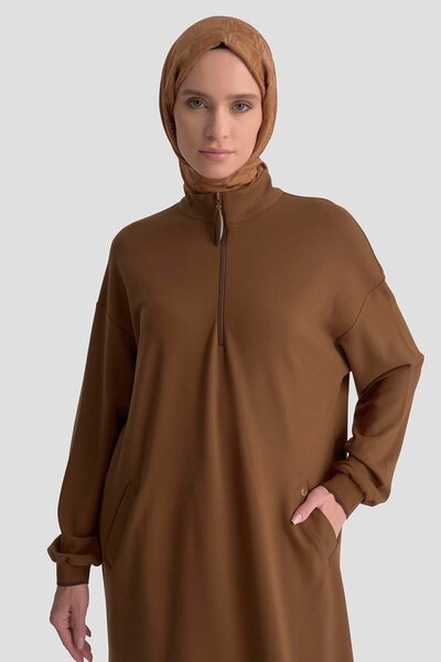 Armine TREND Half Zipper Ribbed Sleeves Knitted Tunic with Pockets Tan 25Kt461