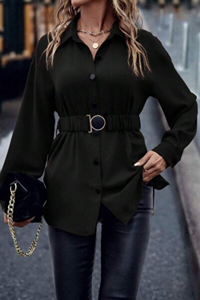 Mossta Imported Crepe Blouse with Collar and Belt Detail - Black