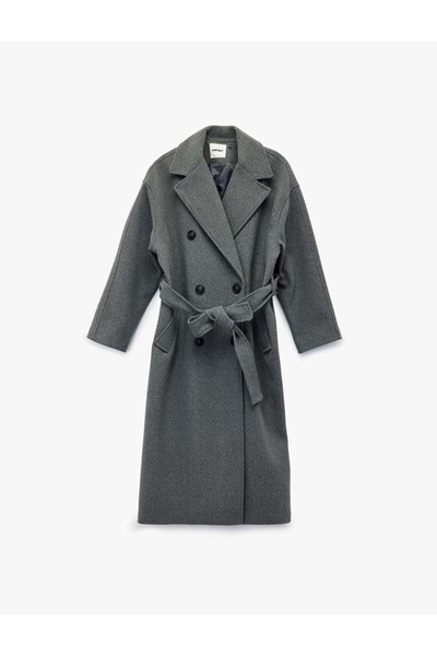 Koton Long Sleeve Buttoned Pocketed Double-Breasted Long Belted Cashmere Coat