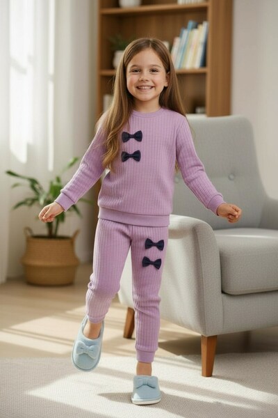 minikiss Bow Detailed Cotton Bottom Top Girls' Two-Piece Set