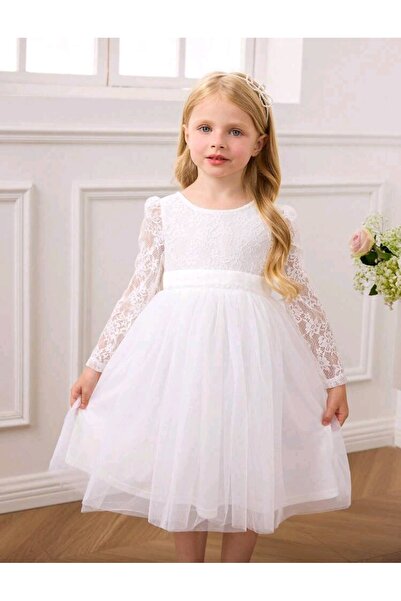 OEM Rochita alba cu maneca lunga si funda la spate, 7 ani,122 cm