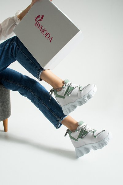 Bymoda New Season White Green Hidden Wedge Heel Sneakers Heel Height Total 10 cm