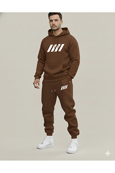 NİCE Three Thread Compact Hooded Cotton Inside Four Stripes B Printed Premium O Oversized Tracksuit Set