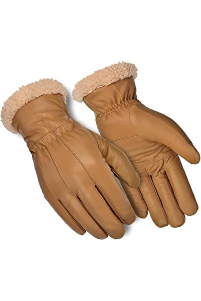 Harssidanzar Men's winter gloves, Harssidanzar, leather, light brown, fleece lined, size XL