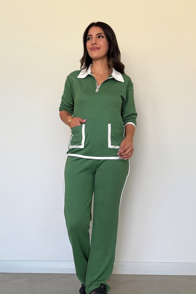 Valeria Butik Black and White Striped Detail Zippered Long Sleeve Double Suit