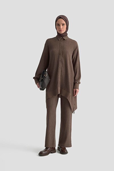 Armine TREND Ribana Detailed Asymmetric Cut Corded Fabric Double Suit with Trousers Brown 25Kt6103