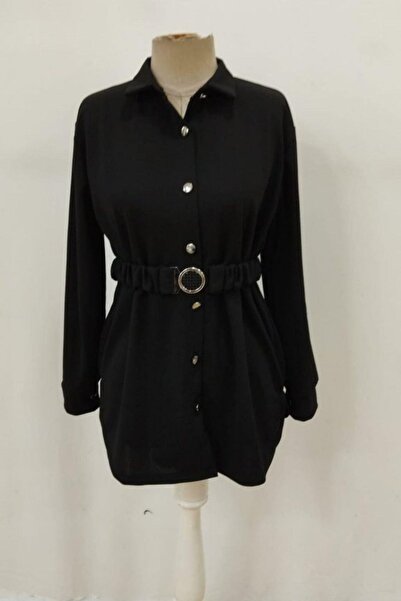 Mossta Imported Crepe Blouse with Collar and Belt Detail - Black