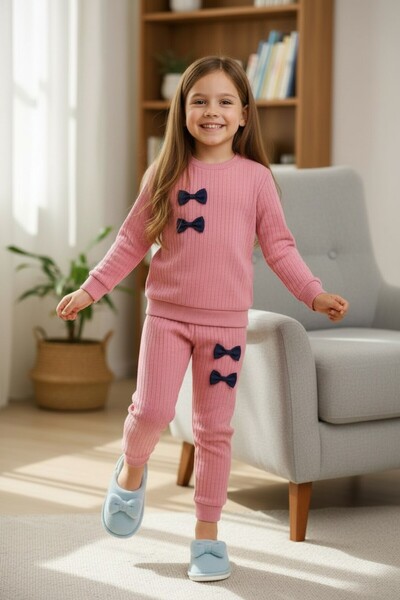 minikiss Bow Detailed Cotton Bottom Top Girls' Two-Piece Set